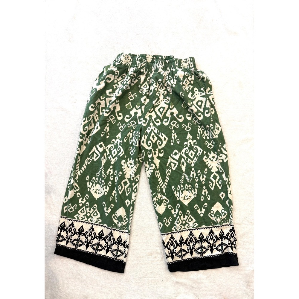 Haute Hippie Style Green Ikat Wide Leg Boho‎ Pants Plus Size 2X Elastic Waist - Picture 2 of 9